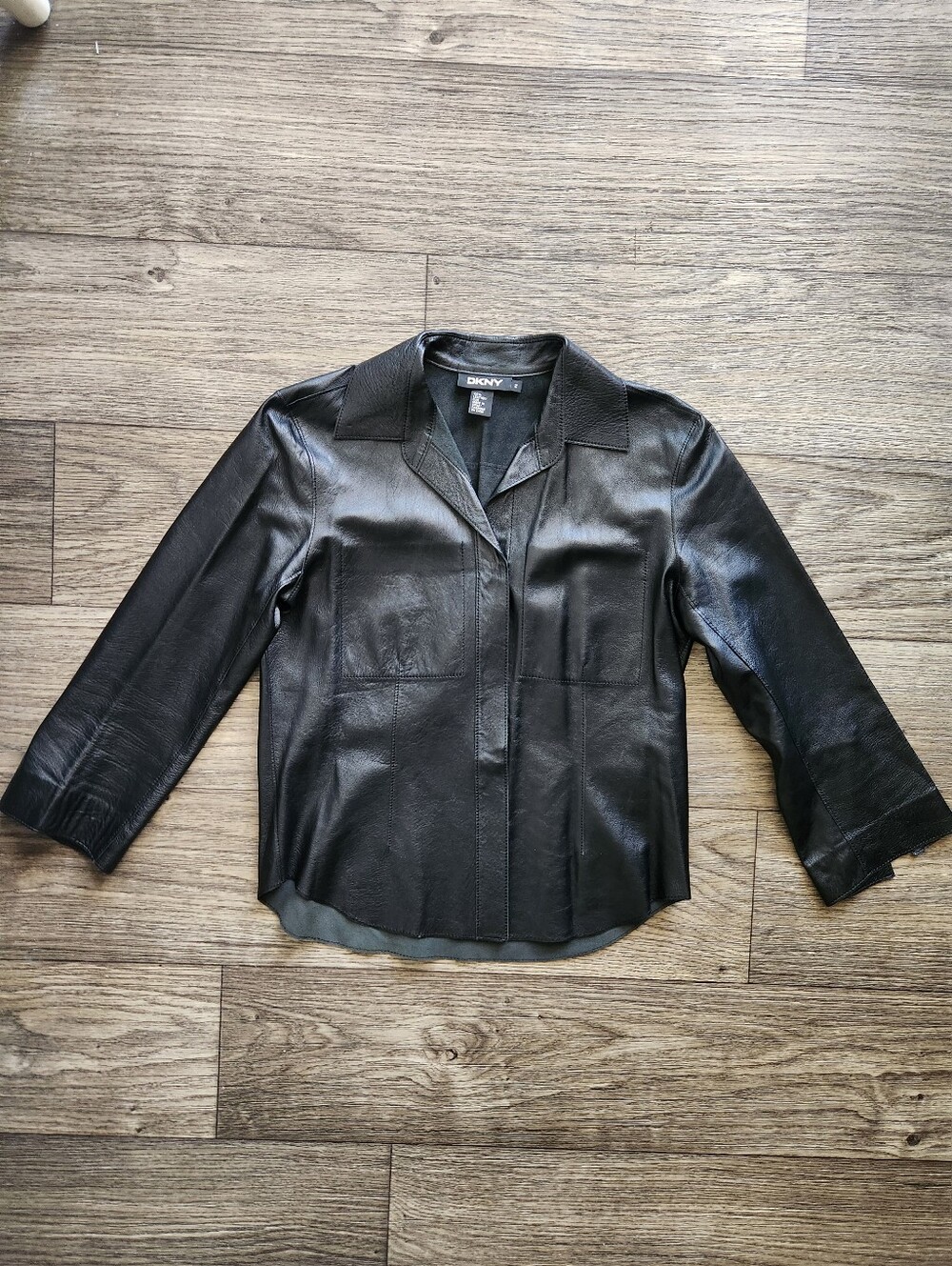 DKNY Vintage Genuine Black Leather Shirt Jacket Shacket Minimalist Boho Size 2